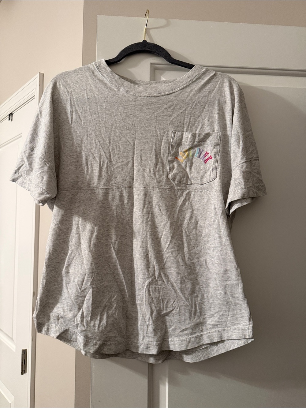 PINK Victoria's Secret Light Gray Short Sleeve Pocket Tee with Rainbow Logo